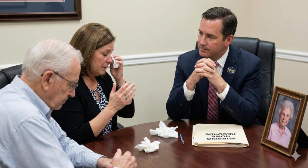 A Berniard Law Firm attorney compassionately listening to a family describe signs of neglect in a nursing home.